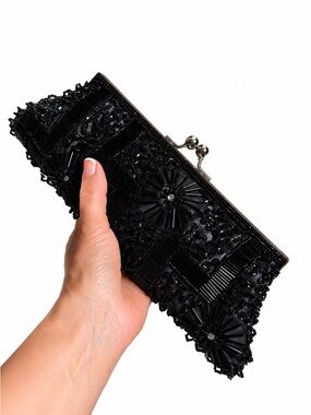 Mad Bags Convertible Hand-Beaded Black Evening Clutch w 2 Removable Straps